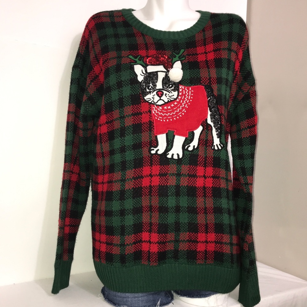 George Christmas Pug PomPom Plaid Crewneck Sweater
